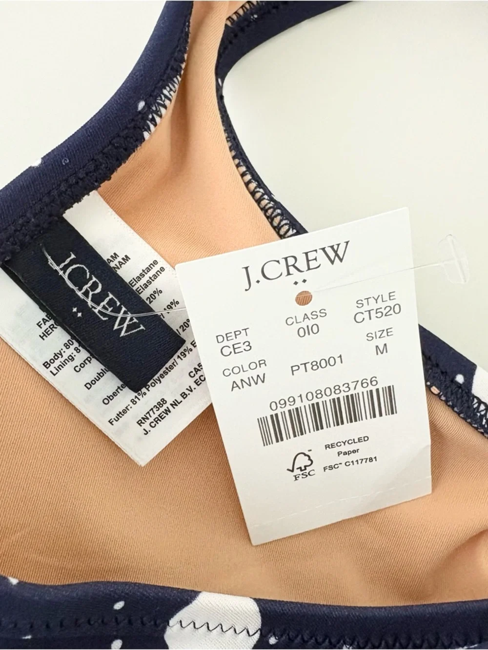 NWT J. Crew Printed Sweetheart Bikini Top Antique Navy White